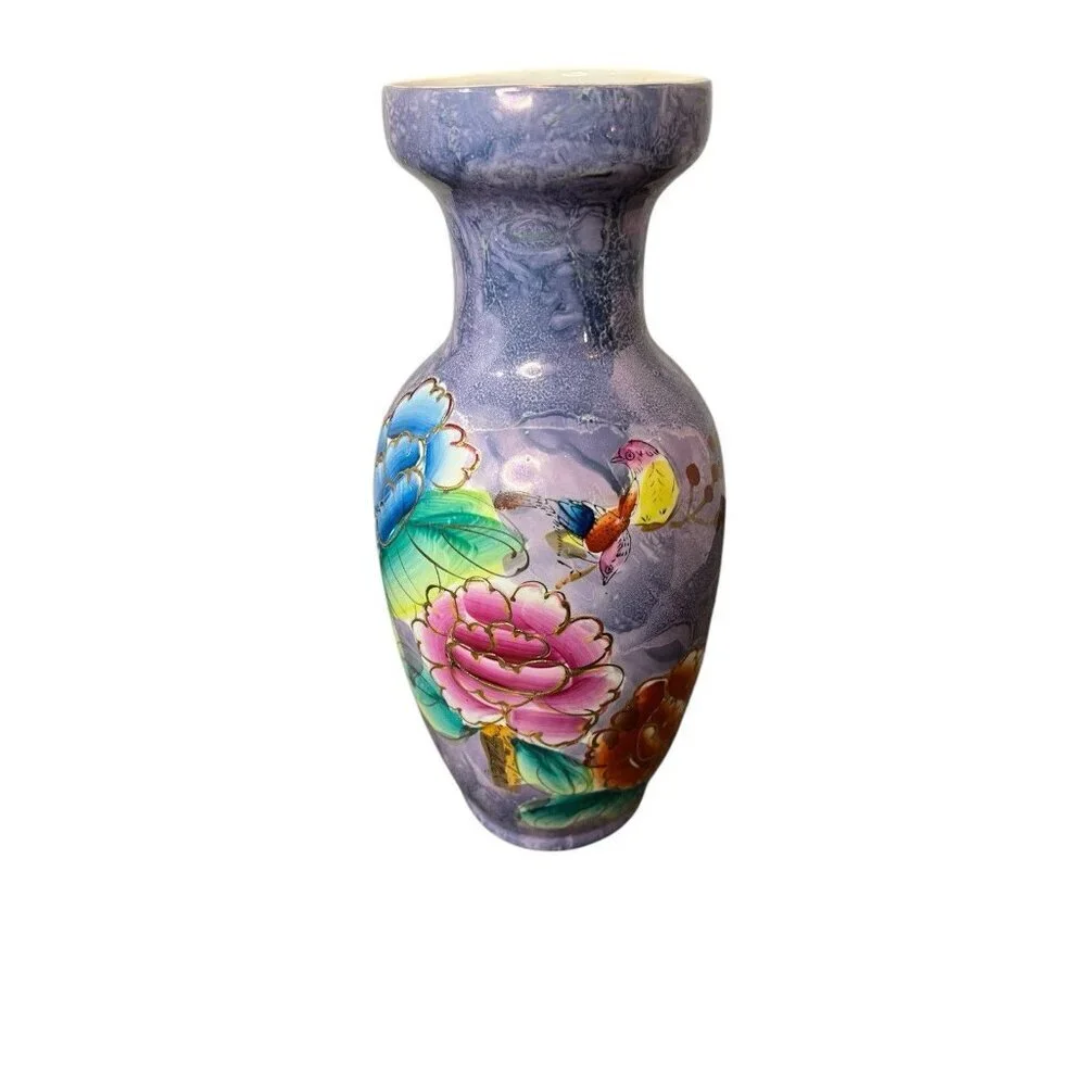 Purple Blue Cloisonne Vase with Pink/Red/Blue Flowers Bird 10
